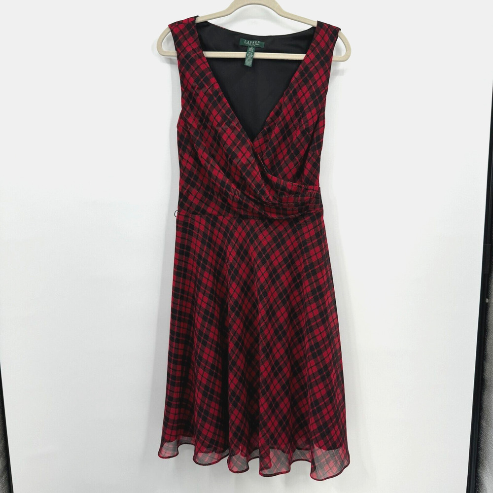 LAUREN Ralph Lauren Dress 12 Black Red Plaid Chiffon Wrap Dress Party